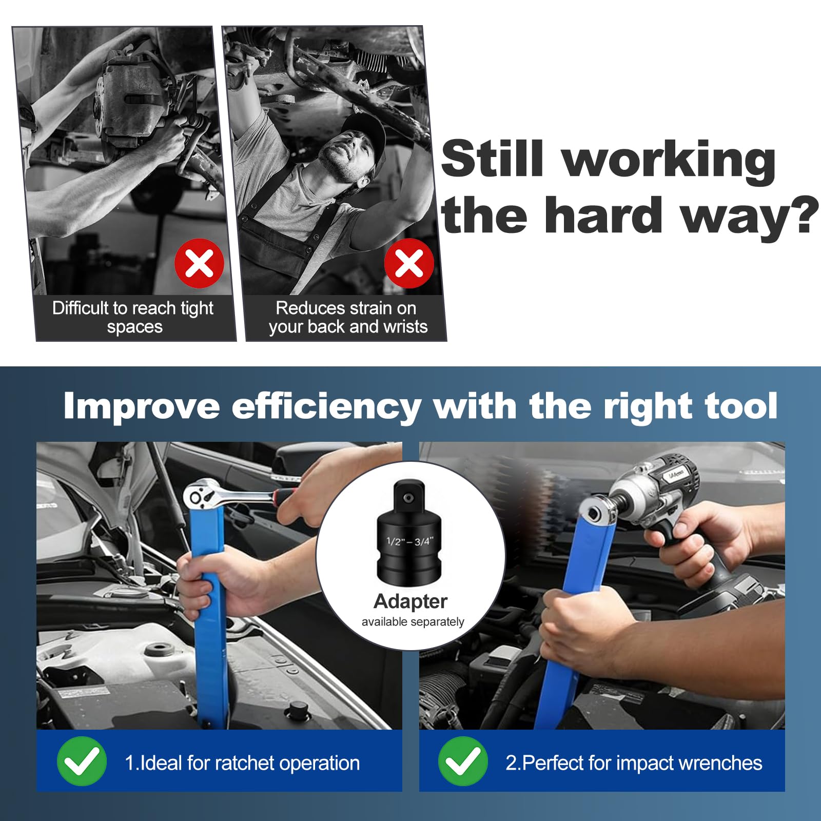 Extensión de Carraca de 39 cm con 4 Adaptadores de 1/4", 3/8" y 1/2", Barra de Extensión Offset Resistente a Impactos para Espacios Reducidos y Tornillos Atascados