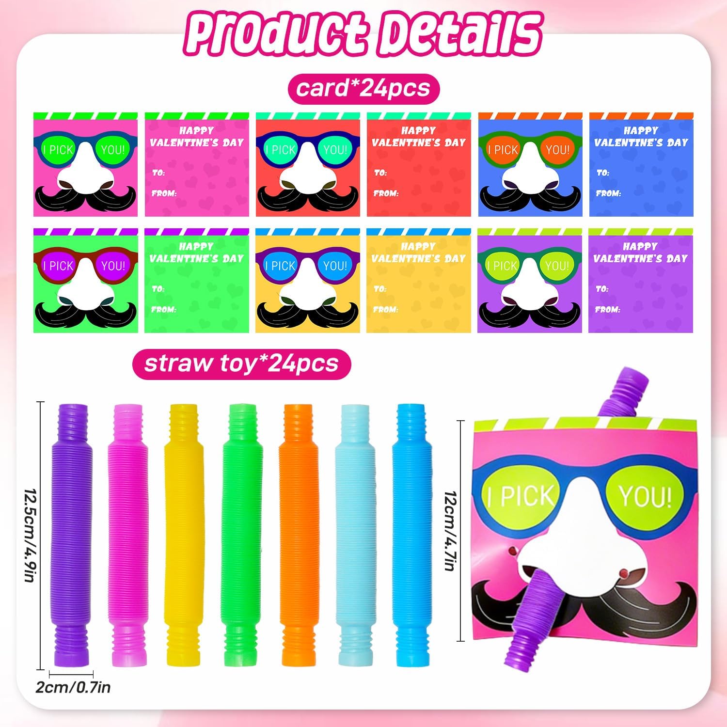 Valentines Day Gifts for Kids, 24 Sets Valentines Cards with Fidget Pop Tubes, Stretchy Stress Relief Fidget Toys for Kids, Valentines Exchange Cards Classroom Favors for Boys Girls School Class