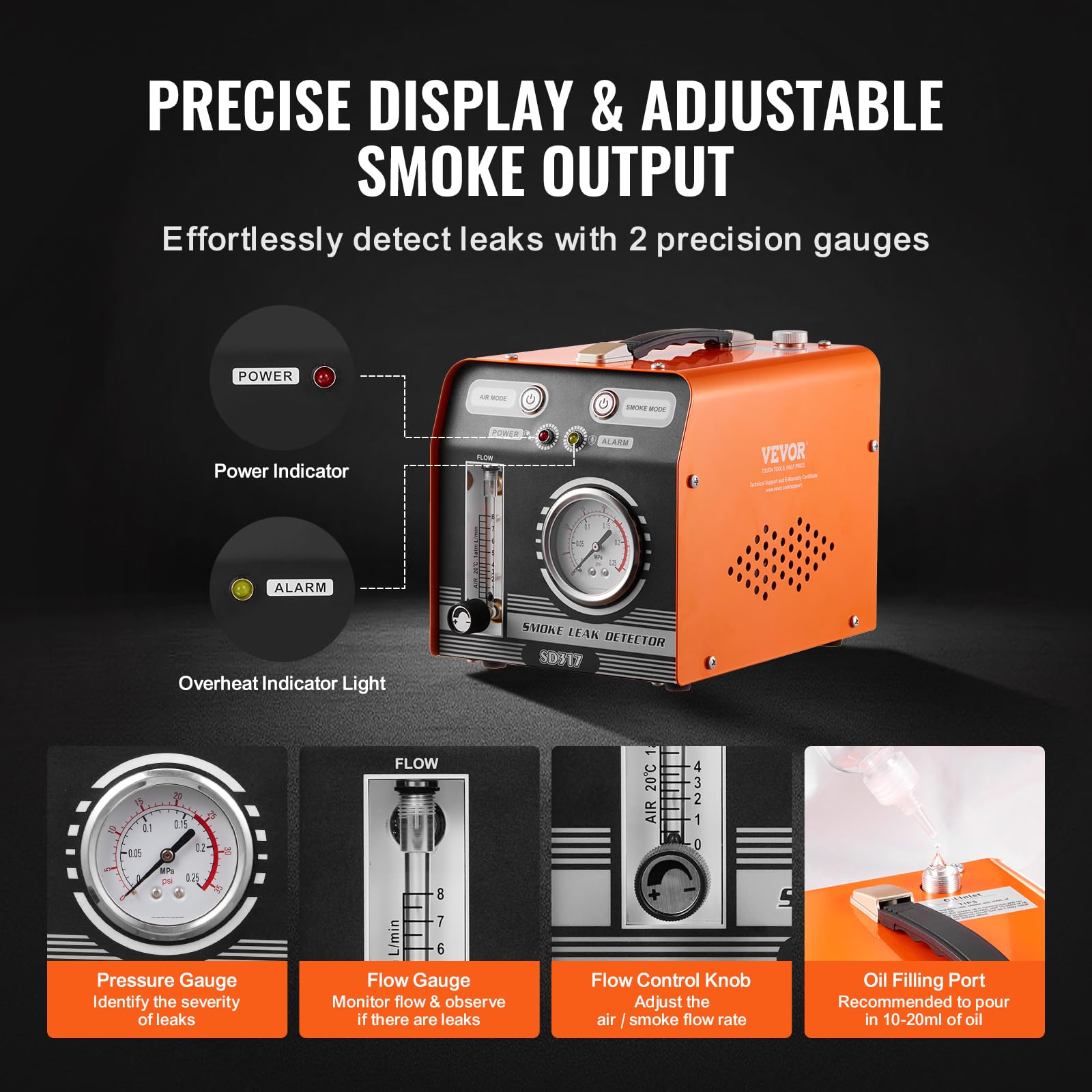 VEVOR Detector de Fugas de Humo para Automóviles, con Bomba de Aire Incorporada, Manómetro y Caudalímetro, Modo Dual para Pruebas de Vacío, Combustible y Tuberías, 273 x 176 x 197 mm, 19-23 PSI