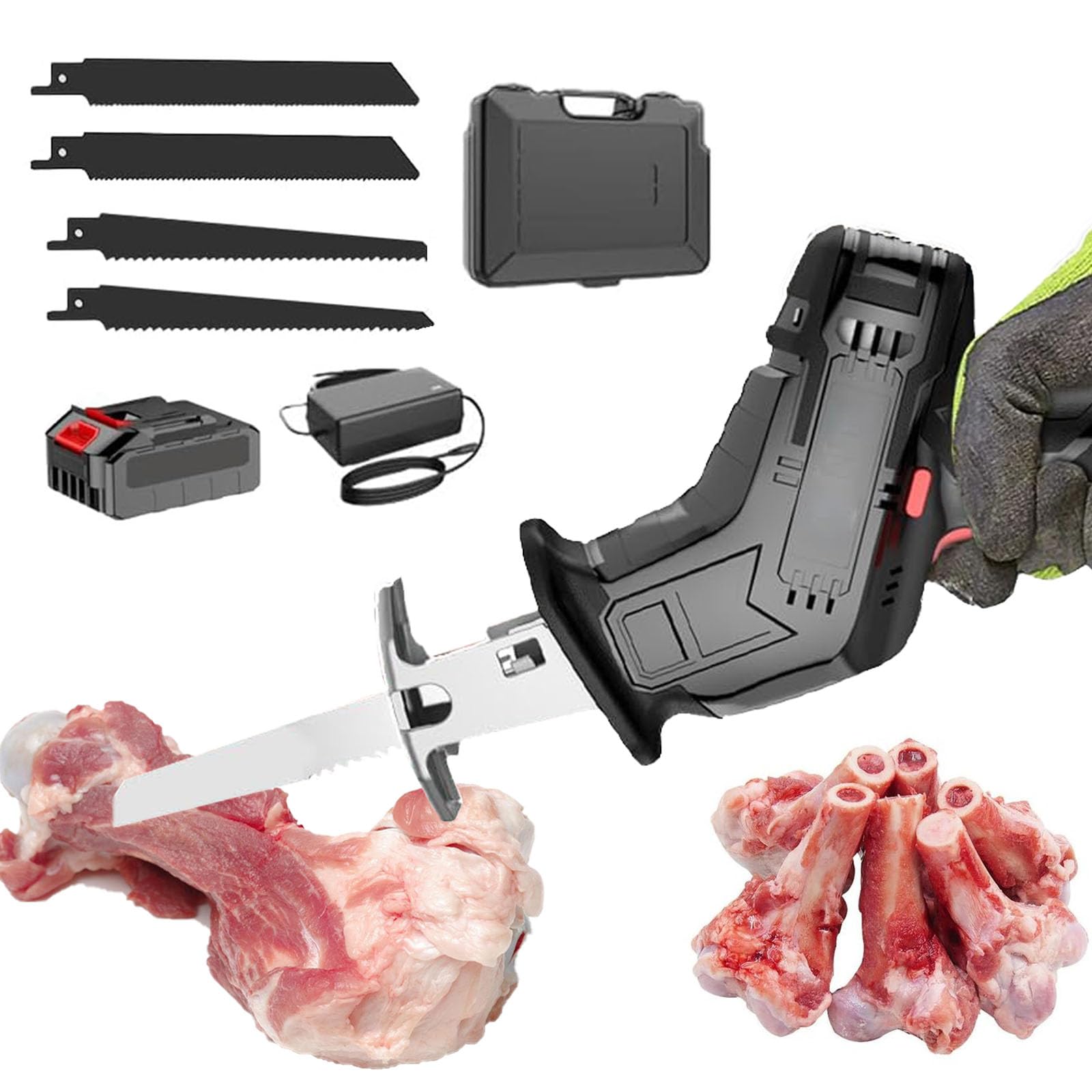 Sierra De Mano Inalámbrica Para Huesos Con Mango Antideslizante De Goma – Velocidad Variable De 0 A 3000 RPM, Sierra Eléctrica De Carnicero Para Cortar Carne, Metal, Madera Y Huesos,4 blades