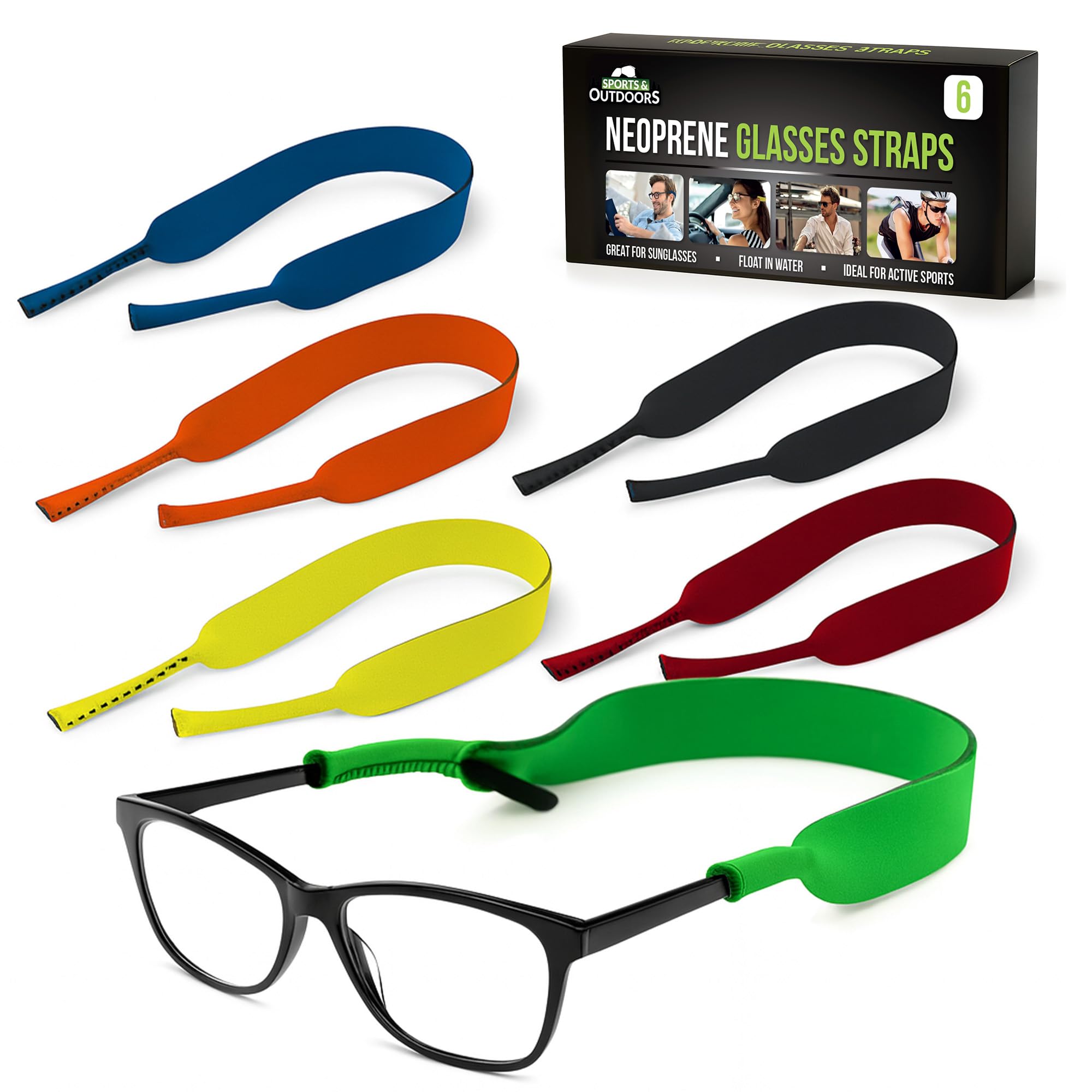 6pk Sports Glasses Straps, Floating Neoprene Lanyard for Sunglasses, Spectacles, Eyewear, Secure Cord for Men and Women Ideal for Active Sports, Floats in Water, Perfect for Outdoor Activities