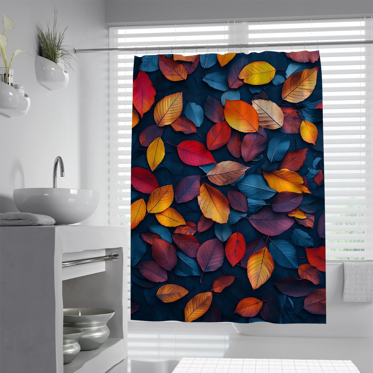 UIRINGART Vibrant Autumn Shower Curtain W150xL180cm Colorful Falling Leaves Print Waterproof Polyester Mildew Resistant Quick Dry Bathroom Decor with Hooks