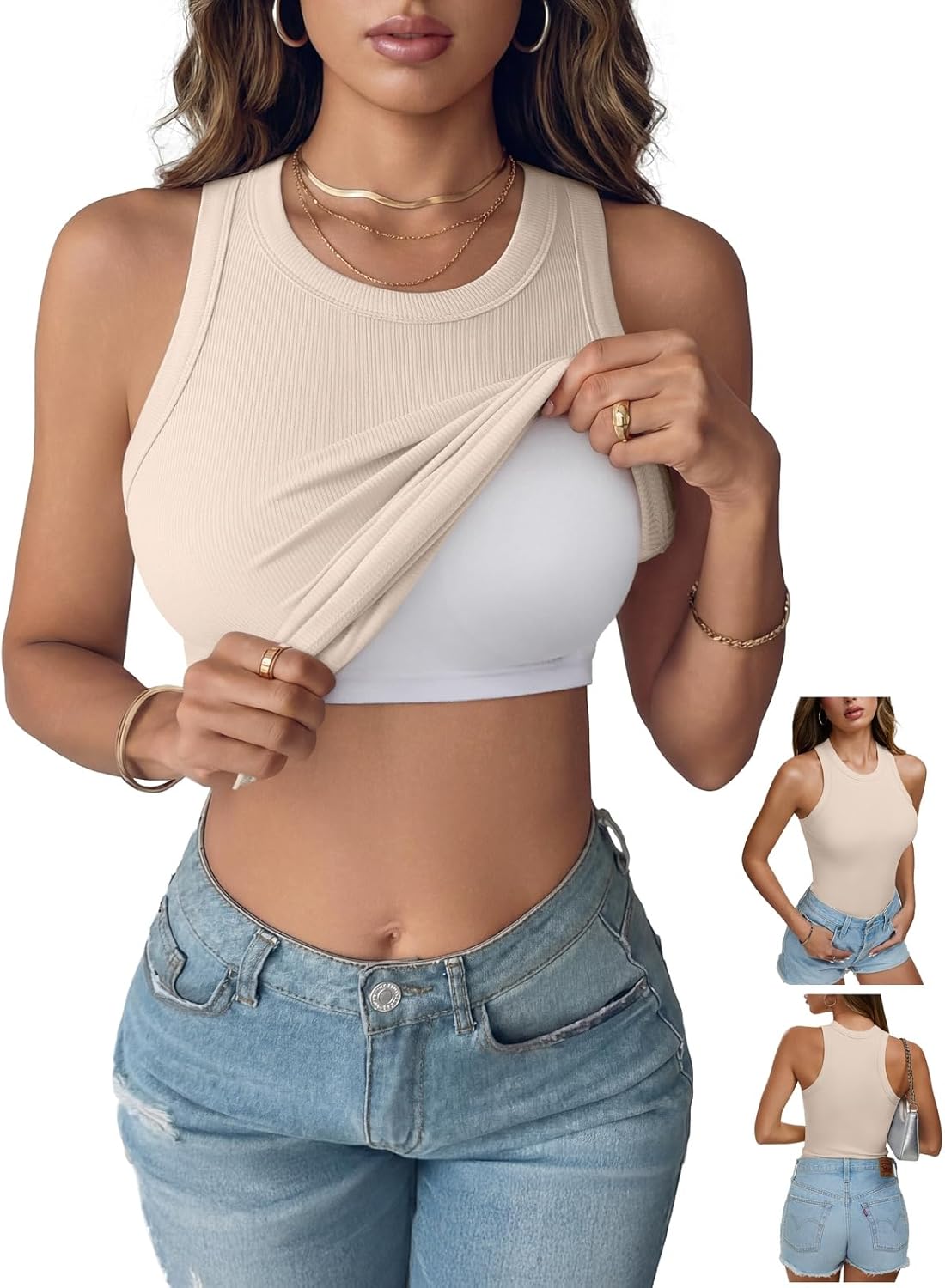 REORIA Women's Built in Bra Tank Tops Racerback Ribbed Sleeveless Fitted Summer Outfits 2026