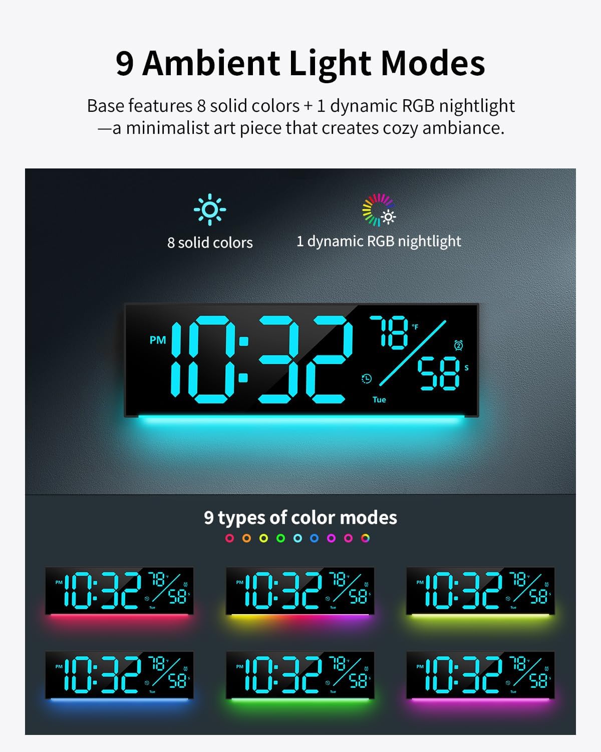 Digital Wall Clock, Large Display Digital Clock with 11 RGB Colors, Wall Clock with Night Light, Alarm Clock, Date, Week, Temp, DST for Living Room, Bedroom, Classroom Decor, Gift for Senior Mom Dad