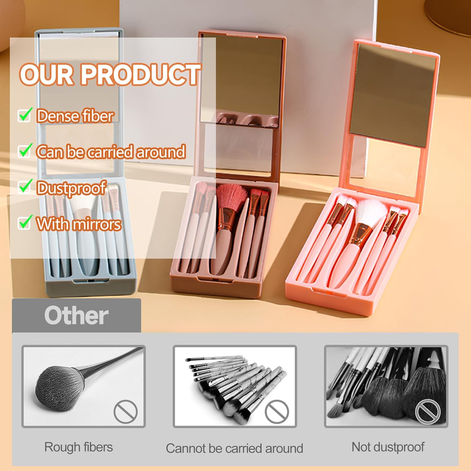 Travel Brush Set, Portable 5 PCS Mini Makeup Brushes with Mirror, Easy-taken Makeup Tool Set for Eyeshadow, Contour, Blush, Complete Function Cosmetic Profesional Tools (Brown)