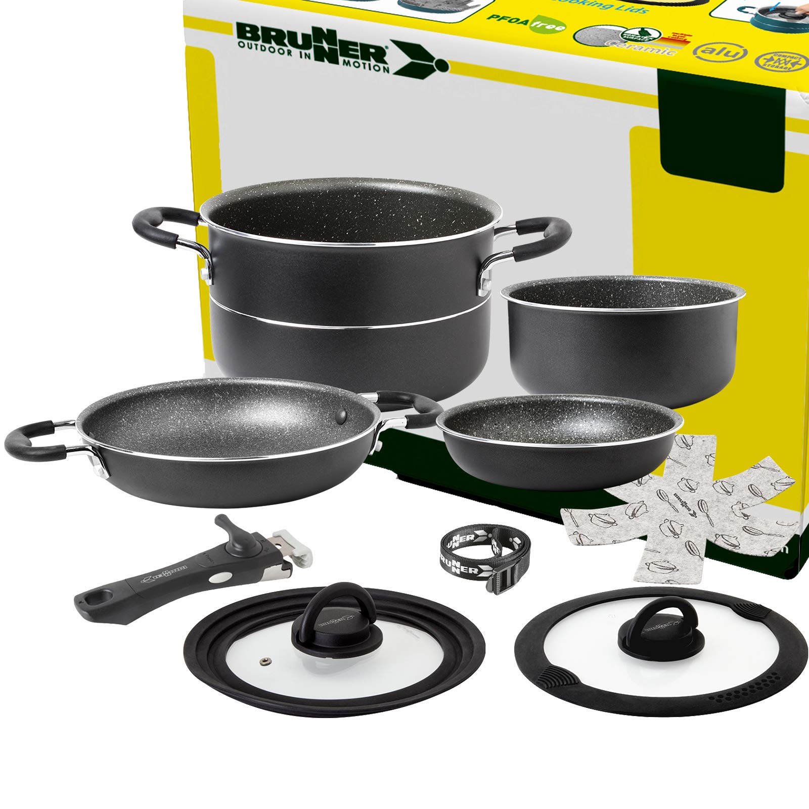 BRUNNER Camping Kochgeschirr-Set Alu (Töpfe und Pfannen) - ø 20, 22 oder 24-cm Pirate Vakublock - 4 Personen, Beschichtet, Leicht, Hochwertig, Stapelbar