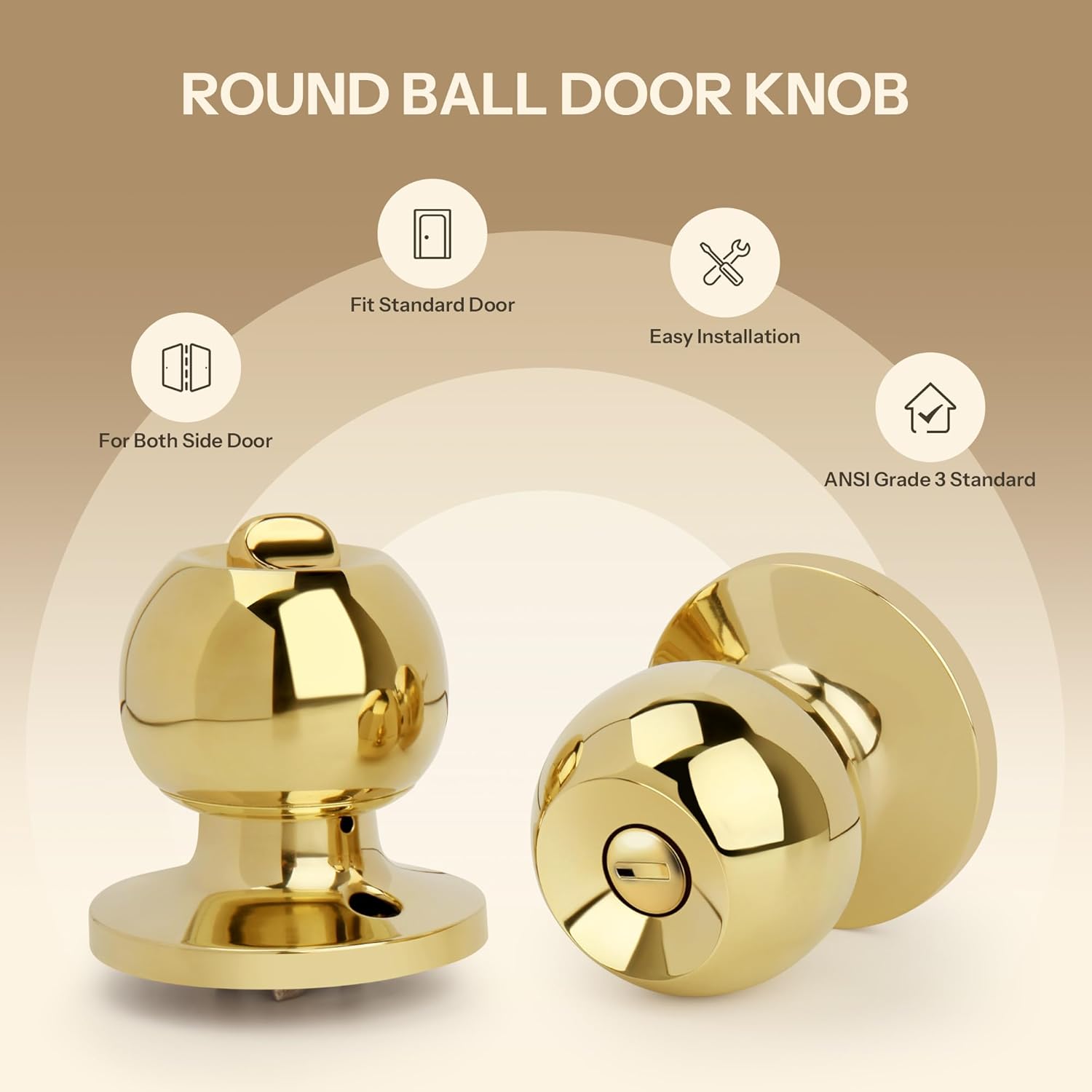 Ball Design Door Knob with Lock, Privacy Round Shaped Keyless Doorknob for Bathroom/Bedroom, Polished Brass Finish