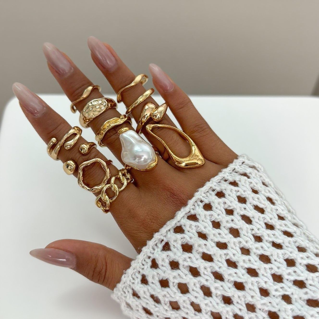 Gold Rings for Women Chunky Ring Non Tarnish Irregular Pearl Rings Stackable Statement Knuckle Ring Jewelry - Image 4