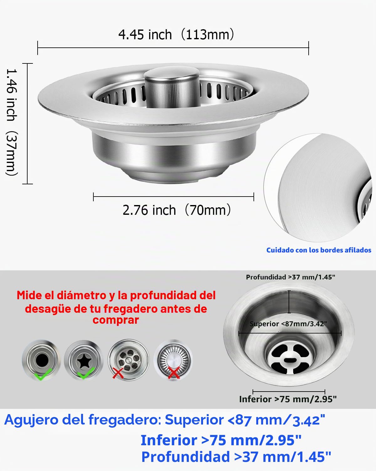 3 en 1 Colador de Fregadero de Cocina, Tapon Fregadero Cocina para Profundidad > 37 mm y Orificio de 75 – 87 mm, Filtro Fregader Cocinas Acero Inoxidable 304, Tapón de Desagüe con Colador