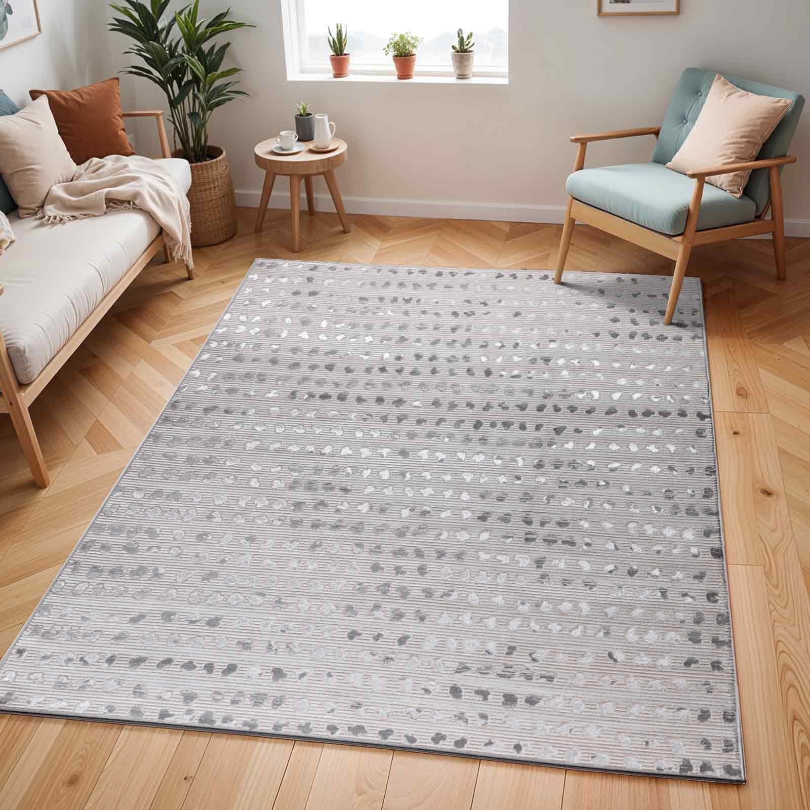 Livabliss Valkiria Nador Abstract Marble Style Floor Covering 200x275 cm – Modern Design for Living Room, Dining & Bedroom, Soft Short Pile, Beige, Ivory & Silver