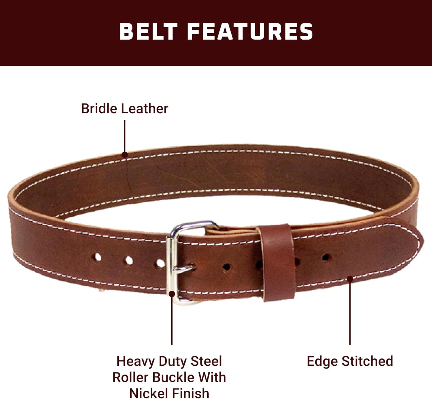 Occidental Leather 2" Leather Work Belt - X-Large, OxyRed - Bridle Leather, Heavy-Duty Steel Roller Buckle, Edge Stitched - Made in USA - Image 3