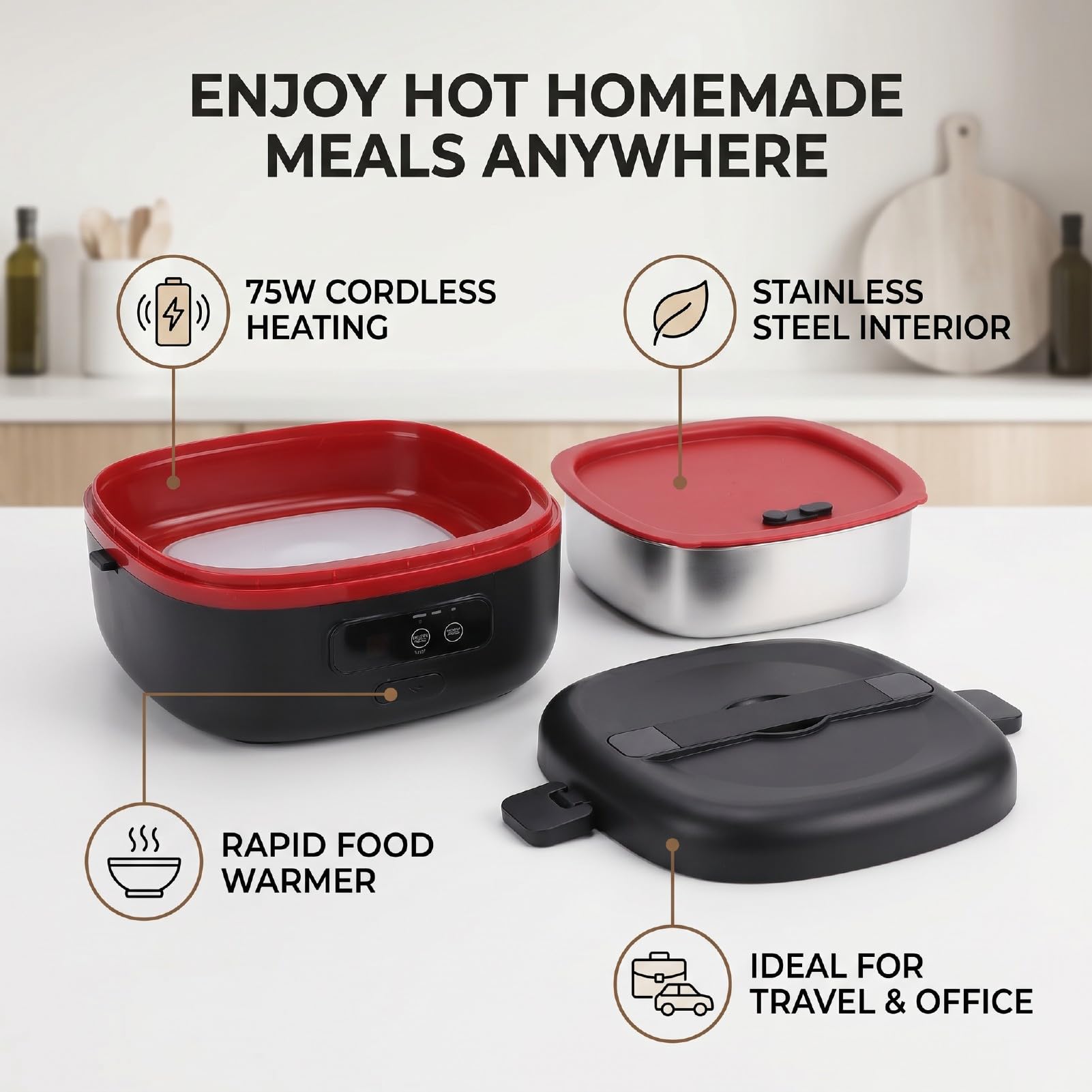 XUMIUZIY Cordless Heated Lunch Box 75W Stainless Steel Portable