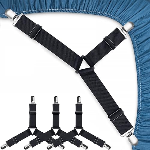 Correas para sábanas, clips para sábanas fáciles de instalar, clips para sábanas bajeras, dígale adiós a las sábanas desordenadas (negro, 4 piezas)