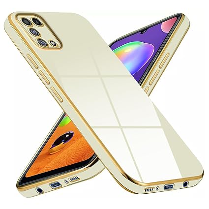 6D Chrome Back Cover Case for Samsung A31 | (Gold Plated Frame | Glossy Backside -Off White)