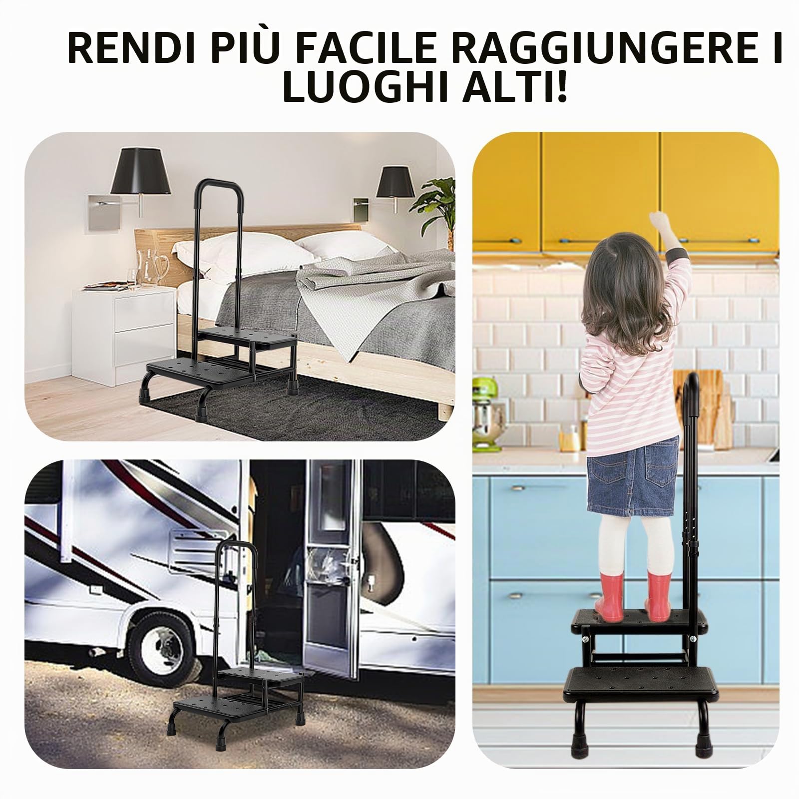 Sgabello con maniglia, doppio gradino fino a 160 kg, scala con pedana antiscivolo, per adulti, anziani e bambini in cucina, bagno e casa