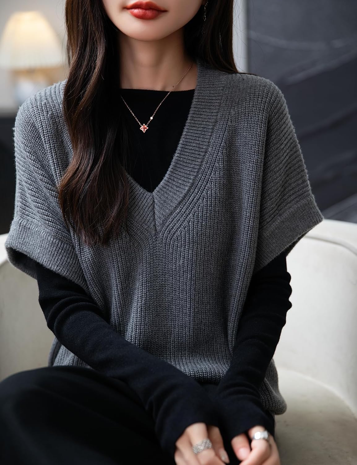 Women's Merino Wool Blend Sweater Vest 2025 Fall Winter Casual V Neck Sleeveless Knit Pullover Sweater - Image 2