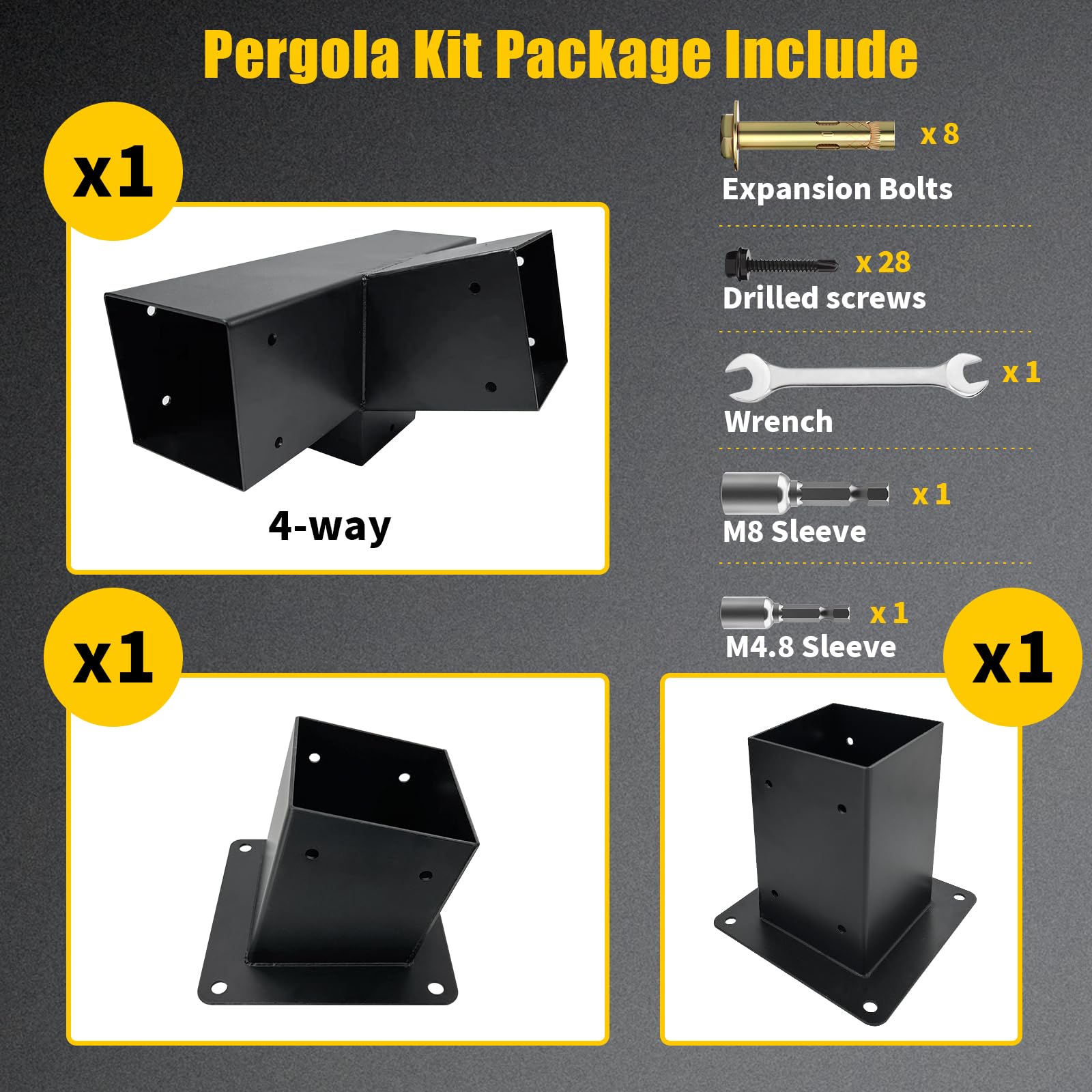 Pergola-Halterung 15° – 3-Wege-Verbinder Für 10,2x10,2 Cm Holz, Schwarz Pulverbeschichtet, Inkl. Montagezubehör
