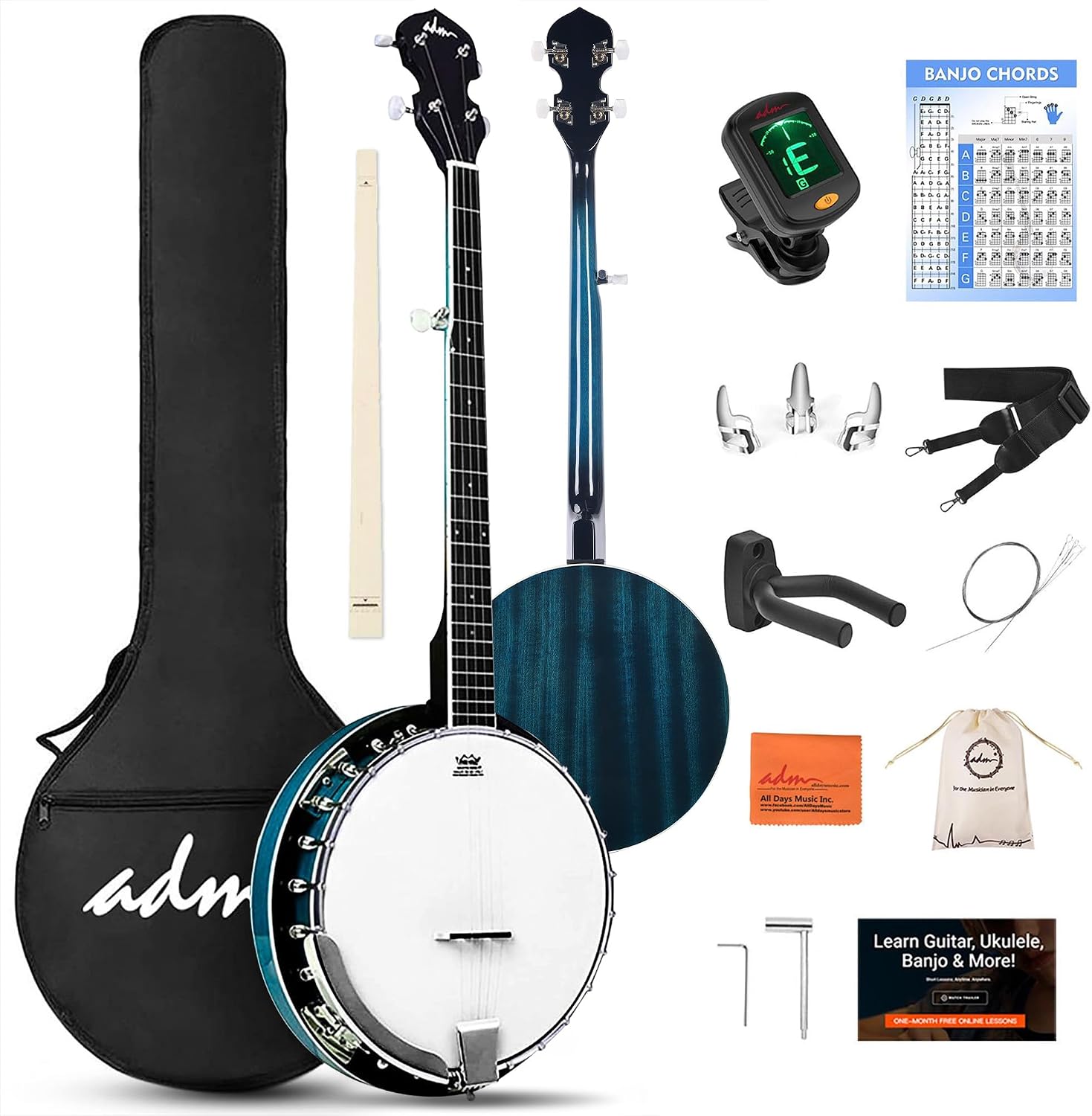 ADM Banjo 5 String Full Size Banjoes Set, 38 Inch Beginner Banjo Kit with Resonator, Remo Drum Head, Open or Closed Back, Gift Package Free Lessons Starter Accessories for Adults Teenager,Bluish-Green