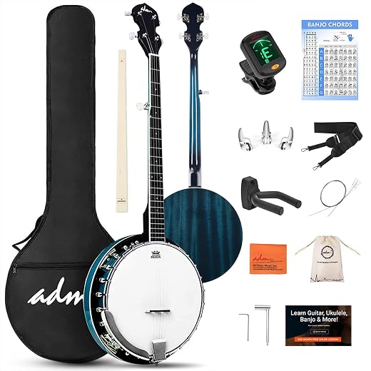 ADM Banjo 5 String Full Size Banjoes Set, 38 Inch Beginner Banjo Kit with Resonator, Remo Drum Head, Open or Closed Back, Gift Package Free Lessons Starter Accessories for Adults Teenager,Bluish-Green
