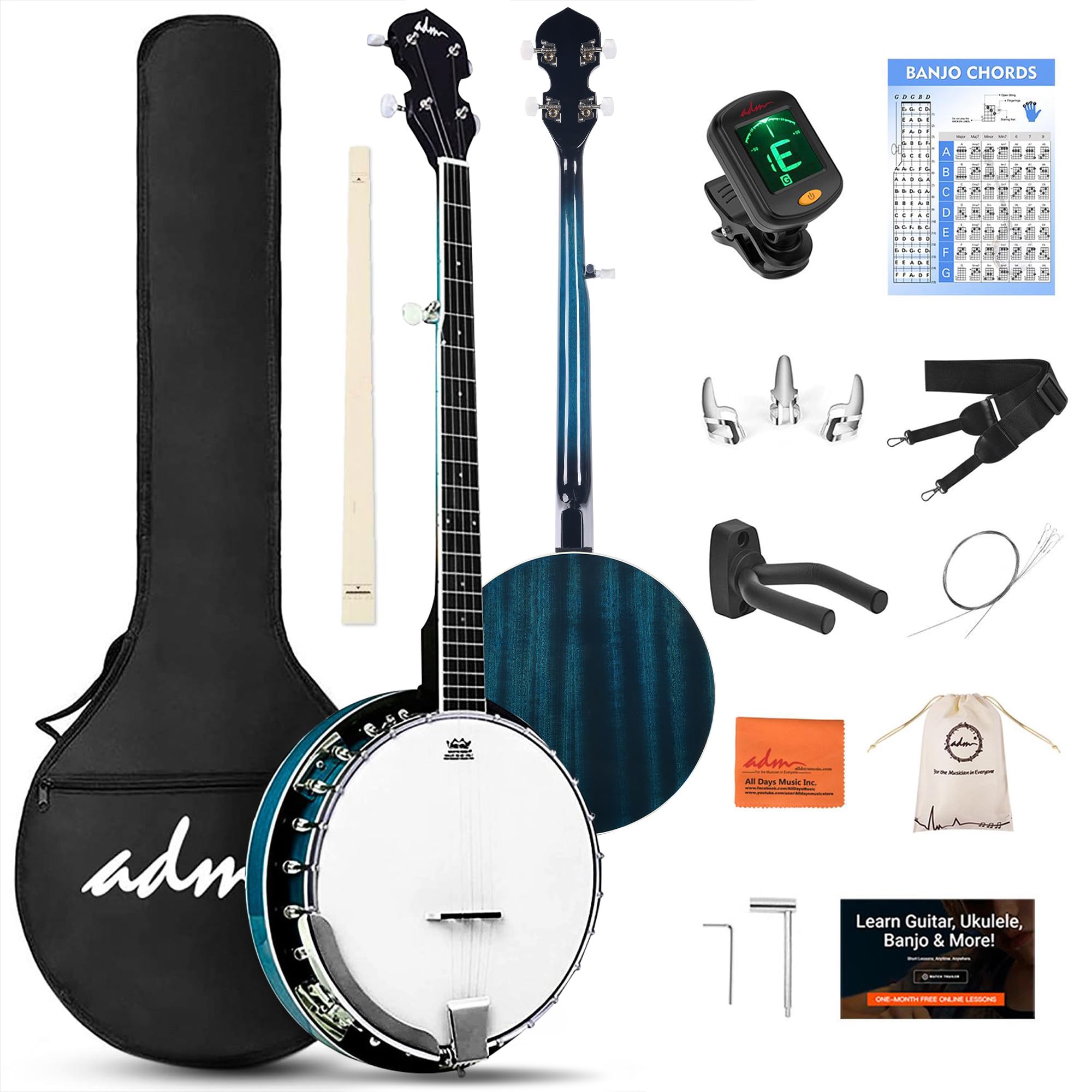 ADM Banjo-Set mit 5 Saiten, volle Größe, 96,5 cm, Remo Drum Geared 5. Stimmgerät, Anfänger-Banjo-Set mit Resonator, offen, geschlossener Rückseite, Geschenkpaket, kostenloser Unterricht,