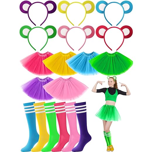 6 Set Halloween Bear Costume Kit Include 3 Layered Tutu Skirt Women, Bear Ears Headband Colored Knee Tube Striped Socks for Halloween Carnival Cosplay