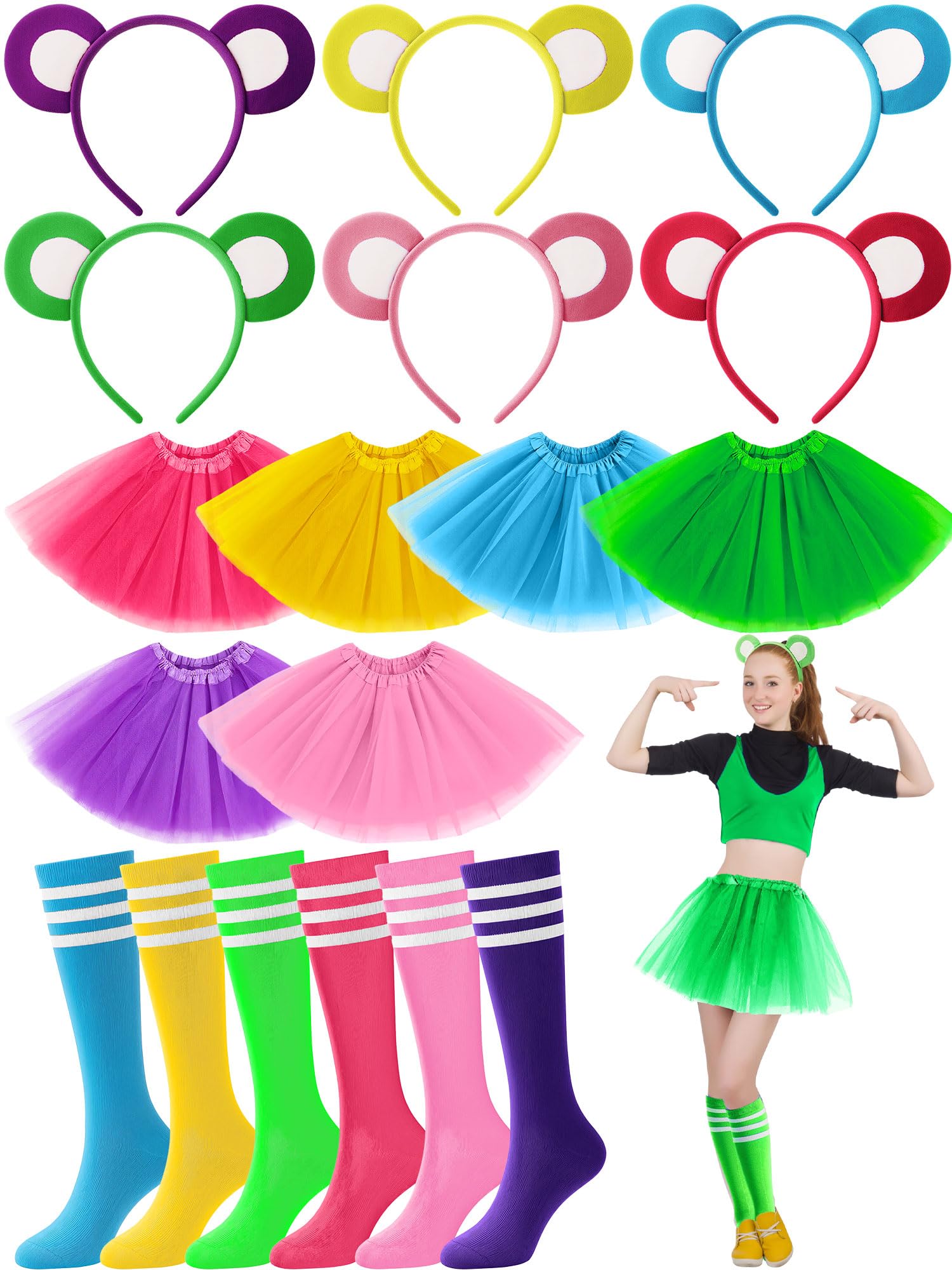 ShinyMatch 6 Set Halloween Bear Costume Kit Include 3 Layered Tutu Skirt Women, Bear Ears Headband Colored Knee Tube Striped Socks for Halloween Carnival Cosplay