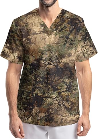 WENKOMG1 Mens Camo Scrubs Top and Unisex Uniform Scrub Shirts with Pockets