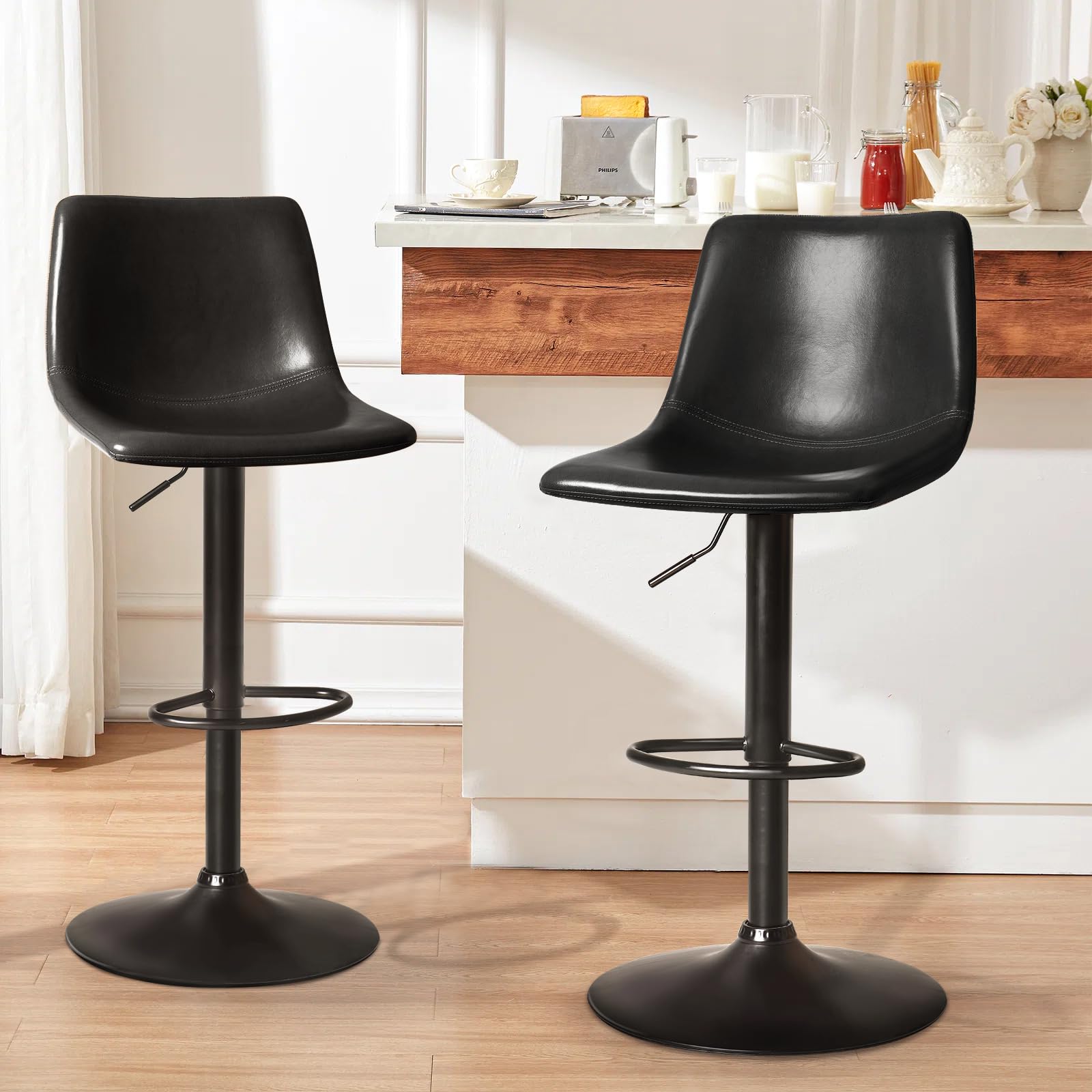 LEMBERI Bar Stools Set of 2, Modern Swivel Barstools Counter Height with Backrest, Faux Leather Upholstered Bar Chairs for Kitchen Island, Black