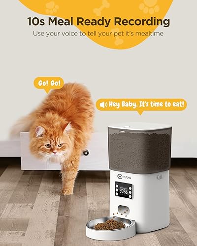 Miniatura 4 de Ciays Comedero automático para gatos, 6L, blanco, plástico y acero inoxidable, dispensa hasta 20 porciones, 6 comidas por día, con alarmas de