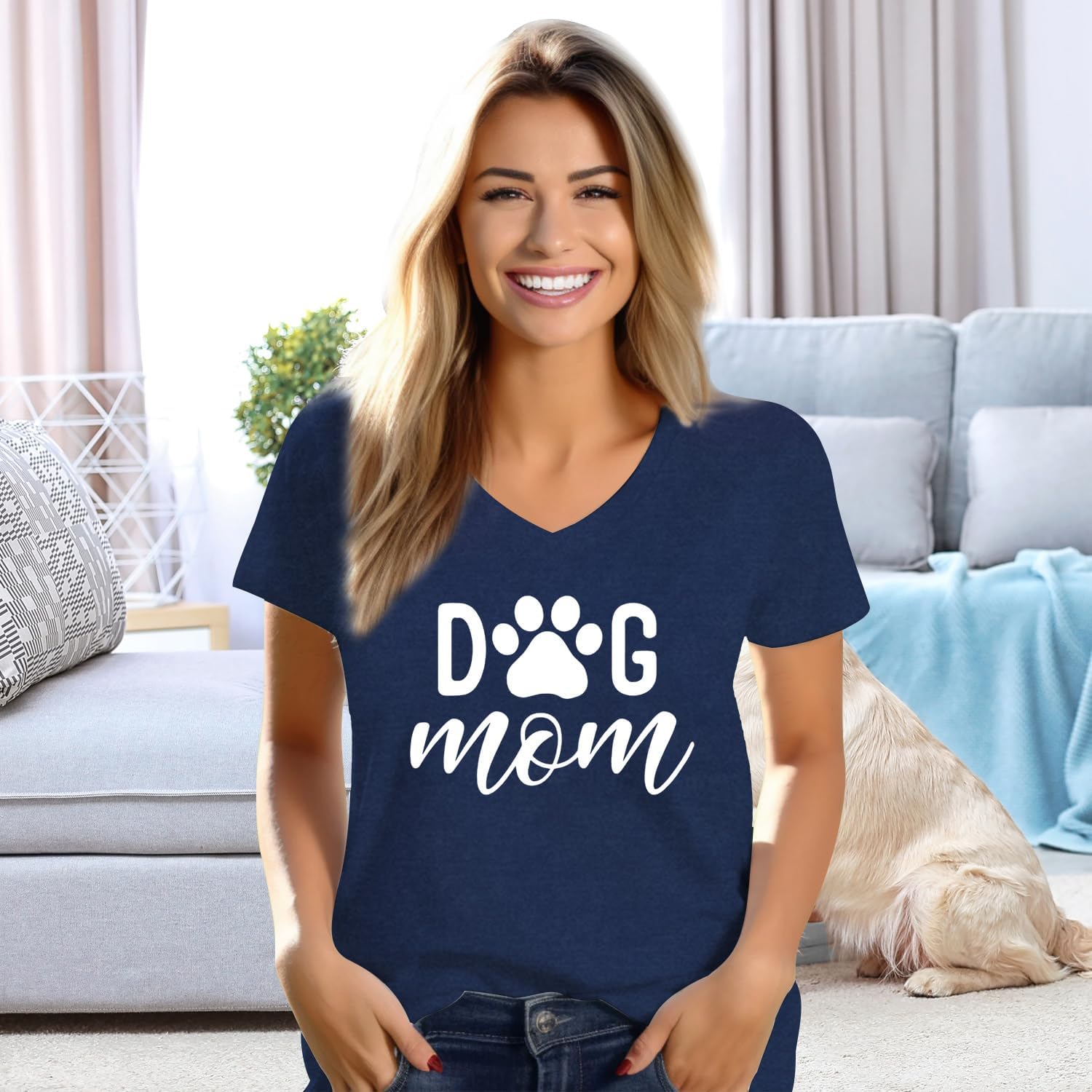 Dog Mom Shirts for Women Dog Paw Printed Mom T-Shirt V Neck Paw Lovers Tee Tops - Image 2