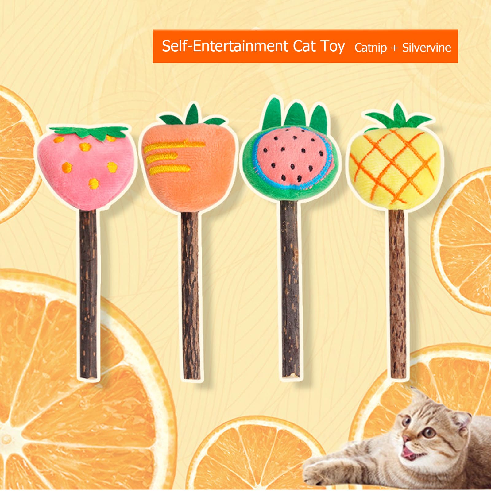 Pawdea 4Pack Natural Fruit Silvervine Catnip Sticks – Cat Toys for Indoor Cats & Kittens, Chew Toys, Teething Toys, Dental Chews, Cat Toy Stick, Kitten Essentials, Birthday Gift