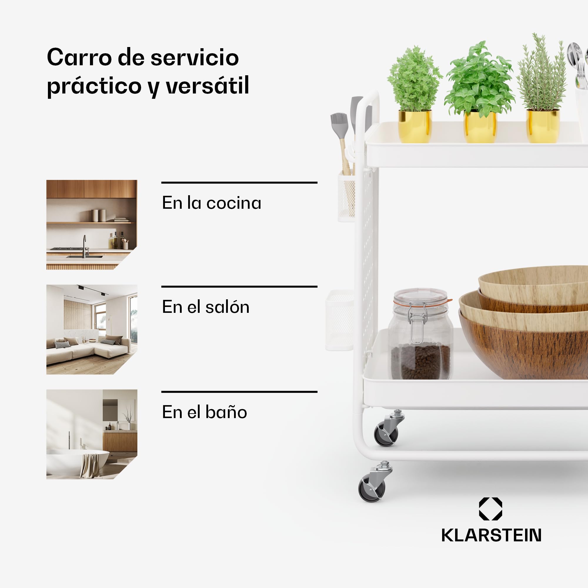 KLARSTEIN Carrito Auxiliar con Ruedas, 2 estantes de Metal, Capacidad 15kg, cestas & Ganchos, Carro Cocina móvil para baño & salón, Carrito Organizador Blanco
