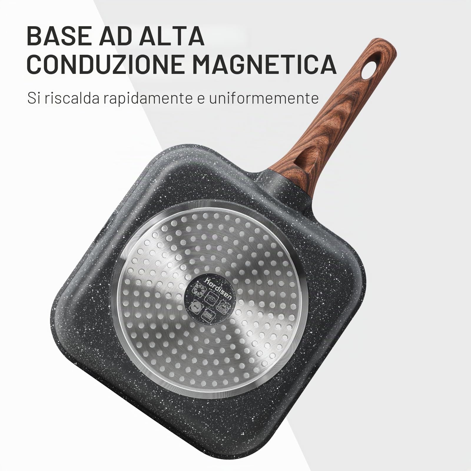 Kordisen Padella Bistecchiera Antiaderente con Coperchio 28 cm – Griglia Quadrata con Rivestimento in Granito, Doppio Beccuccio, Adatta all’Induzione, Senza PFOA