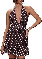 Milumia Women's Polka Dot Ruched Backless Halter Mini Dress - Sexy Deep V-Neck A-Line Short Party Dress
