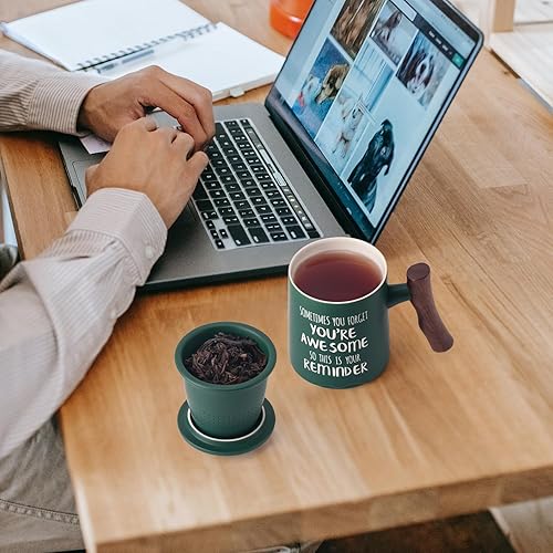 Miniatura 3 de Breleidy Taza de té de cerámica con infusor y tapa, taza de café con mango de madera con colador para remojar hojas sueltas, regalo ideal para los