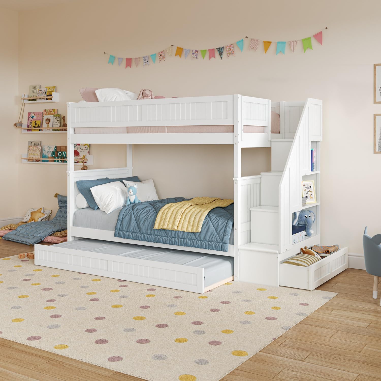 HomeStock Staircase Bunk Bed with Twin Trundle & Storage Drawer White/Twin Over Twin