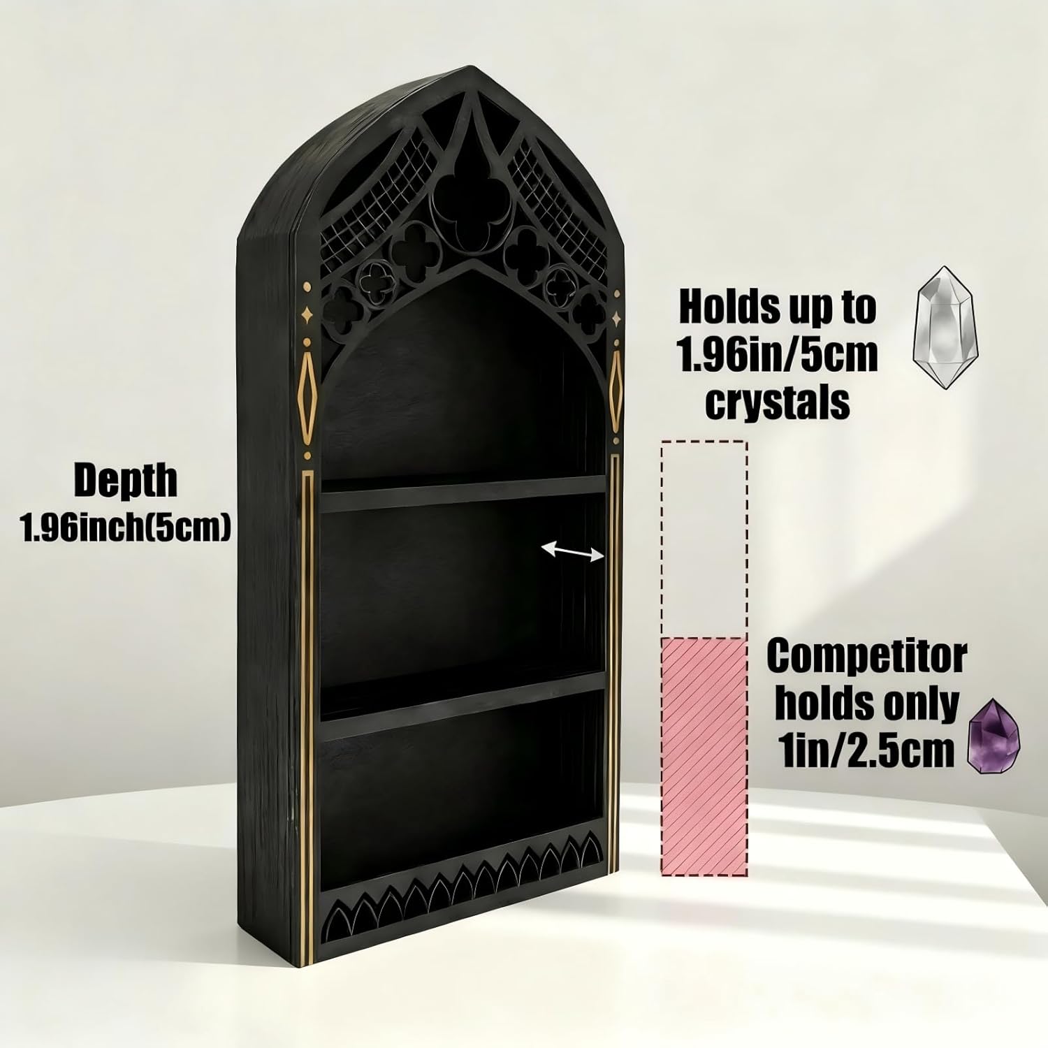 Gothic Window Crystal Display Shelf, 1.96" Deep Wooden Wall Mounted Gemstone Crystal Holder, Witchy Decor Trinket Organizer for Healing Stones -2026 Upgraded (Window-7.9" W x 15.7" H)