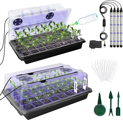 MQUPIN Bandeja de inicio de semillas con luz de cultivo 4 LED, 80 celdas de brillo ajustable, kit de inicio de semillas de 2 paquetes con cúpula y