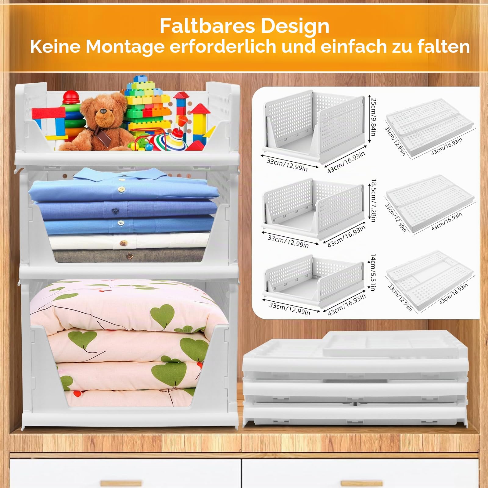 Kleiderschrank-Organizer, stapelbare Aufbewahrungskörbe für Schrank, Zuhause, Büro, Badezimmer – atmungsaktive, langlebige Kunststoffbehälter mit 3 Größen zum Organisieren von Kleidung
