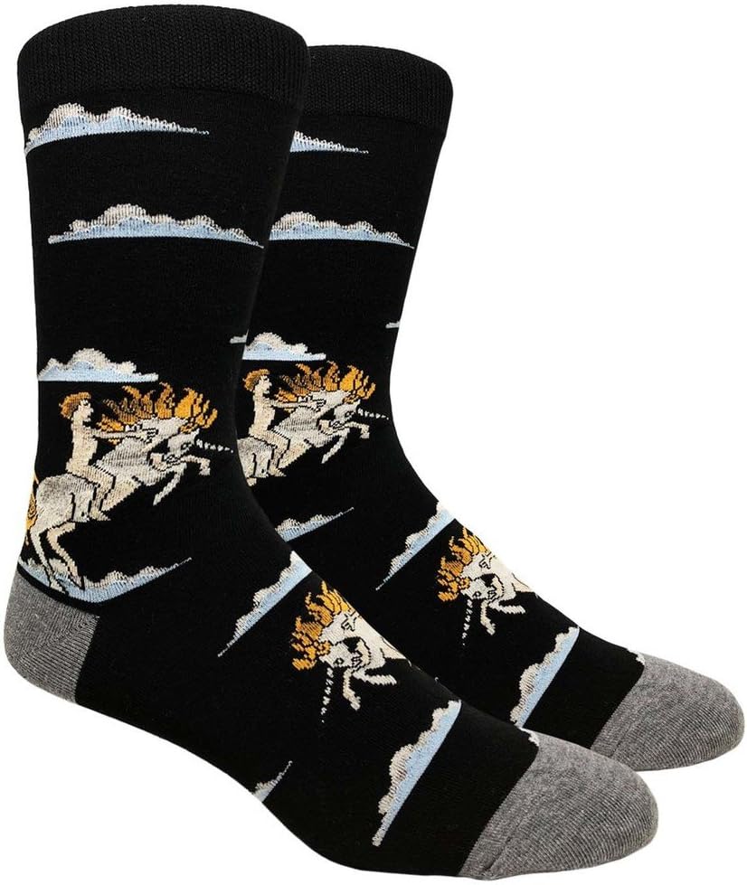 Mens Man Riding Unicorn Mythical Novelty Dress Crew Socks (Black)
