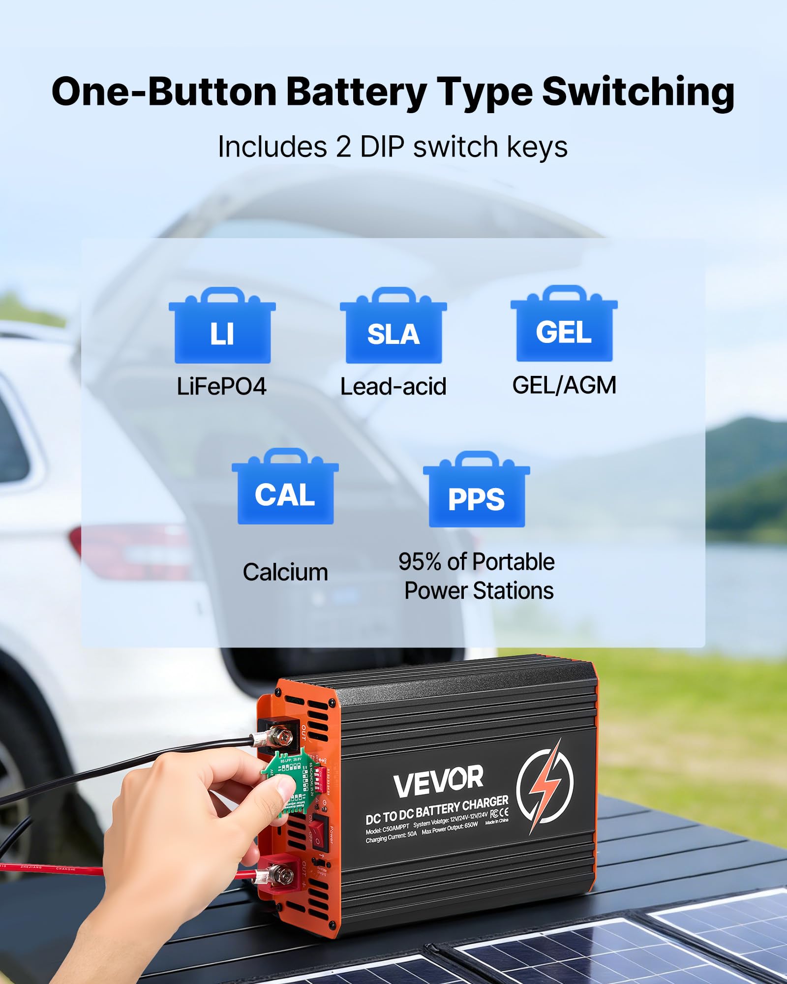VEVOR DC-DC Batterieladegerät mit MPPT 650 W 50 A, Ladebooster Dual-Eingang für Solarpanel/Lichtmaschine, Laden für LiFePO4-Bleiakkus, 12 V/24 V-12 V/24 V, für Wohnmobil Notstromversorgung zu Hause