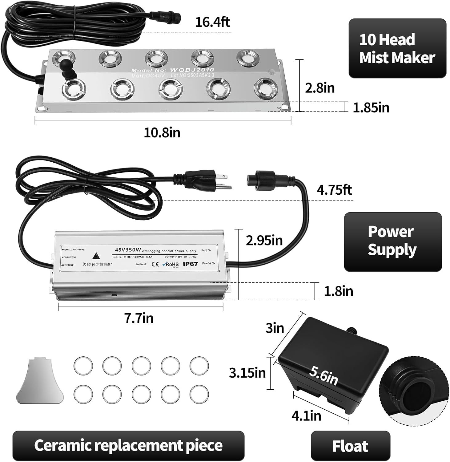 Mist Maker 10 Head, Ultrasonic Fogger7000ml/H for Pond Mist & Halloween - 350W IP67 Waterproof, Stainless Steel w/ 5M Cord & Full Kits (Landscape Effects, Vegetable Freshness)