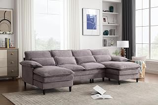 110" Modern U Shape Sectional Sofa Cloud Couch, Upholstery Chenille Fabric Modular Sofa, Comfy 4 Seat Sleeper Sofa with Double Chaise for Living Room, Stone Grey