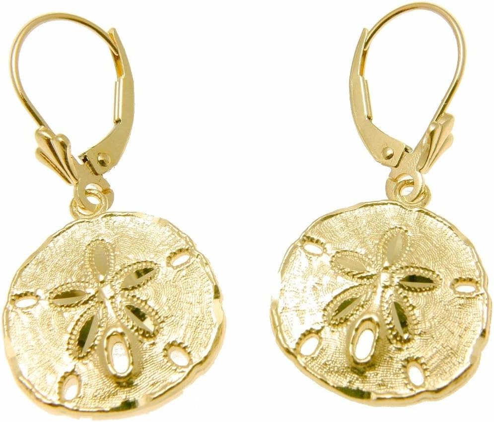 14K yellow gold Hawaiian 16mm diamond cut sand dollar dangle leverback earrings