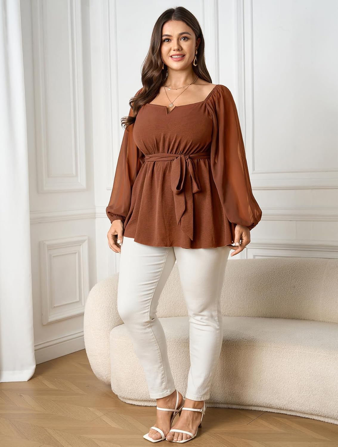 SCOMCHIC Womens Plus Size Peplum Tops Long Sleeve Square Neck Blouse Ruffle Hem Tie Waist Babydoll Top - Image 5