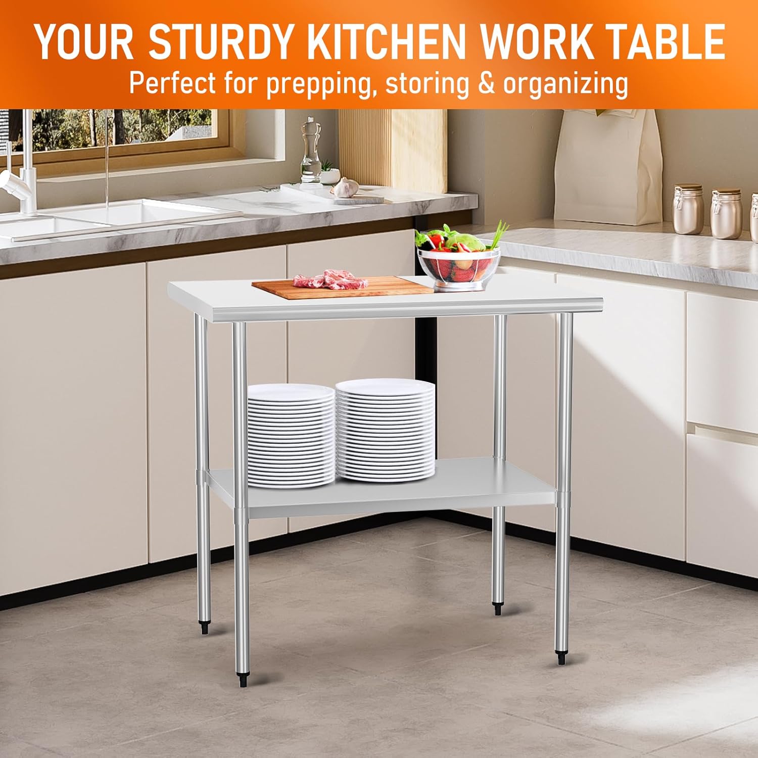 Stainless Steel Table for Food Prep & Work 24 x 36 inches Utility Table with Adjustable Undershelf, Commercial Workstation in Kitchen, Garage, Outdoor BBQ