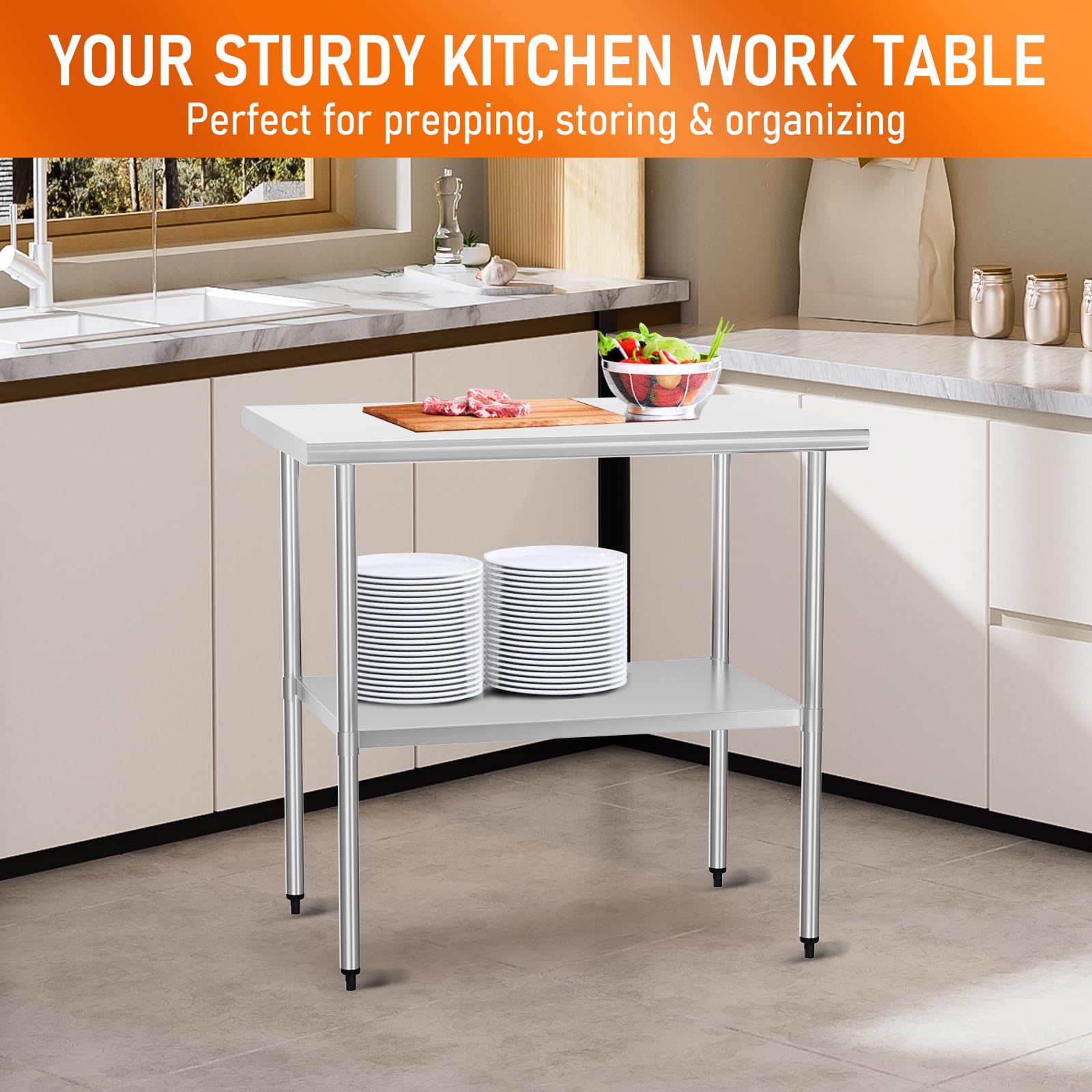 Mesa de acero inoxidable para preparación de alimentos y trabajo, mesa de utilidad de 24 x 36 pulgadas con estante inferior ajustable, estación de trabajo comercial en cocina, garaje