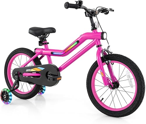 Miniatura 14 de BABY JOY Bicicleta iluminada para niños, bicicleta para niños de 16 y 18 pulgadas con marco iluminado LED de 7 modos, faro, ruedas de entrenamiento