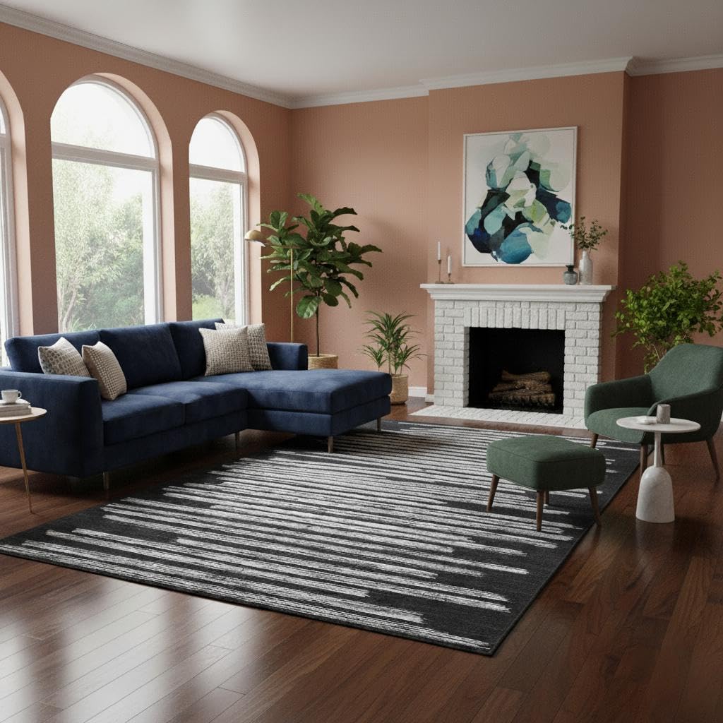 GarveeHome Black 10x14 Washable Area Rug for Living Room: Modern Striped Washable Living Room Area Rug Striped Modern Non Slip Low Pile Carpet for Bedroom Soft Stain-Resistant Carpet. Black/Beige 10' x 13' (Rectangular)