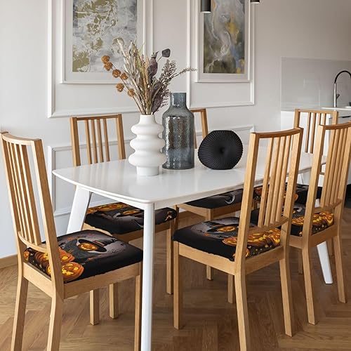 Miniatura 3 de Juego de 4 fundas de asiento extraíbles para silla de comedor, noche de Halloween, elásticas, para bodas, fiestas, fundas de cojín, calabazas, hojas
